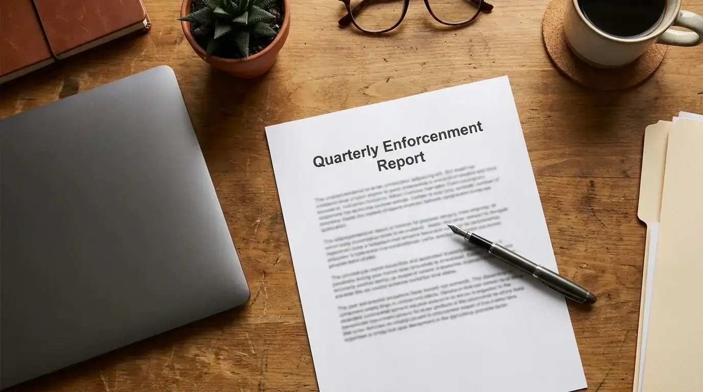 Regulator's desk with a quarterly enforcement report on illegal offshore wagering sites