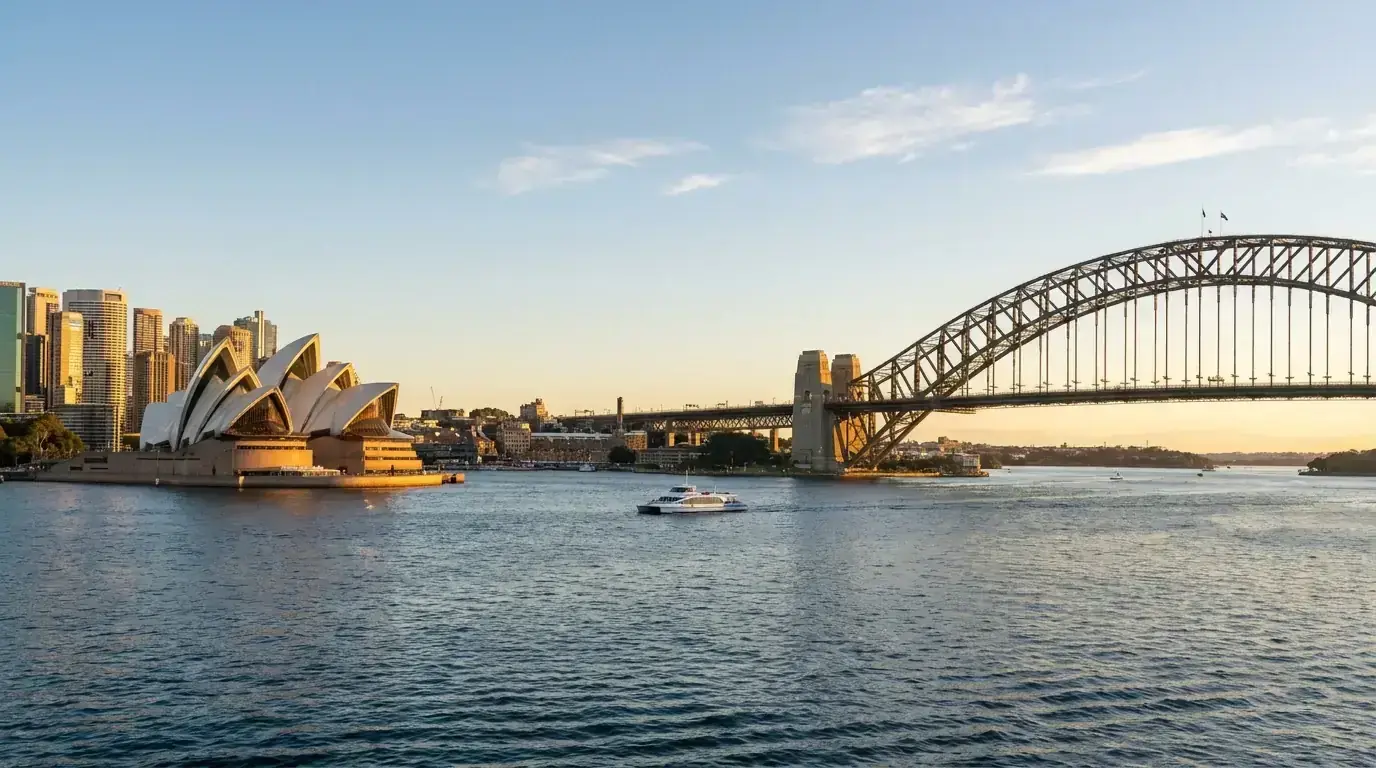 Sydney Opera House with the Sydney Harbour Bridge in the background under a clear sky