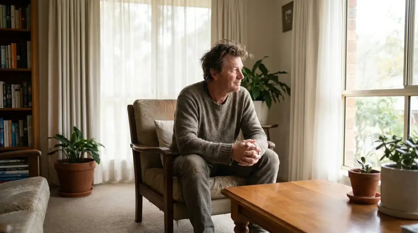 Adult Australian reflecting at home after starting an exclusion