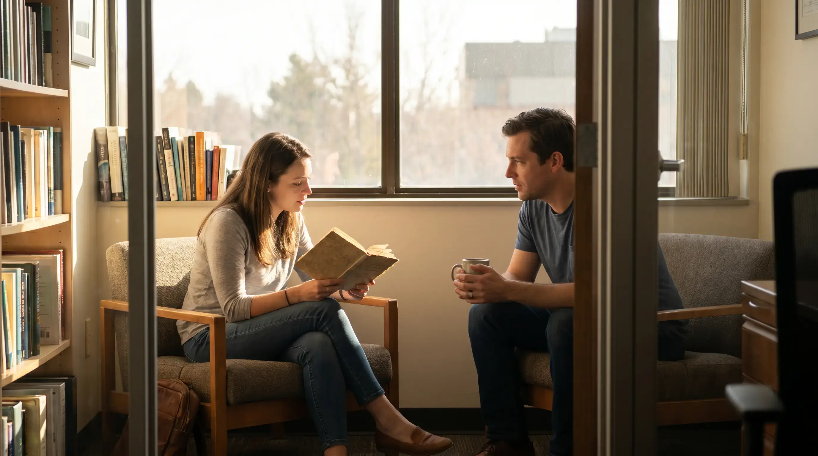 Adult in conversation with a counsellor in a calm setting