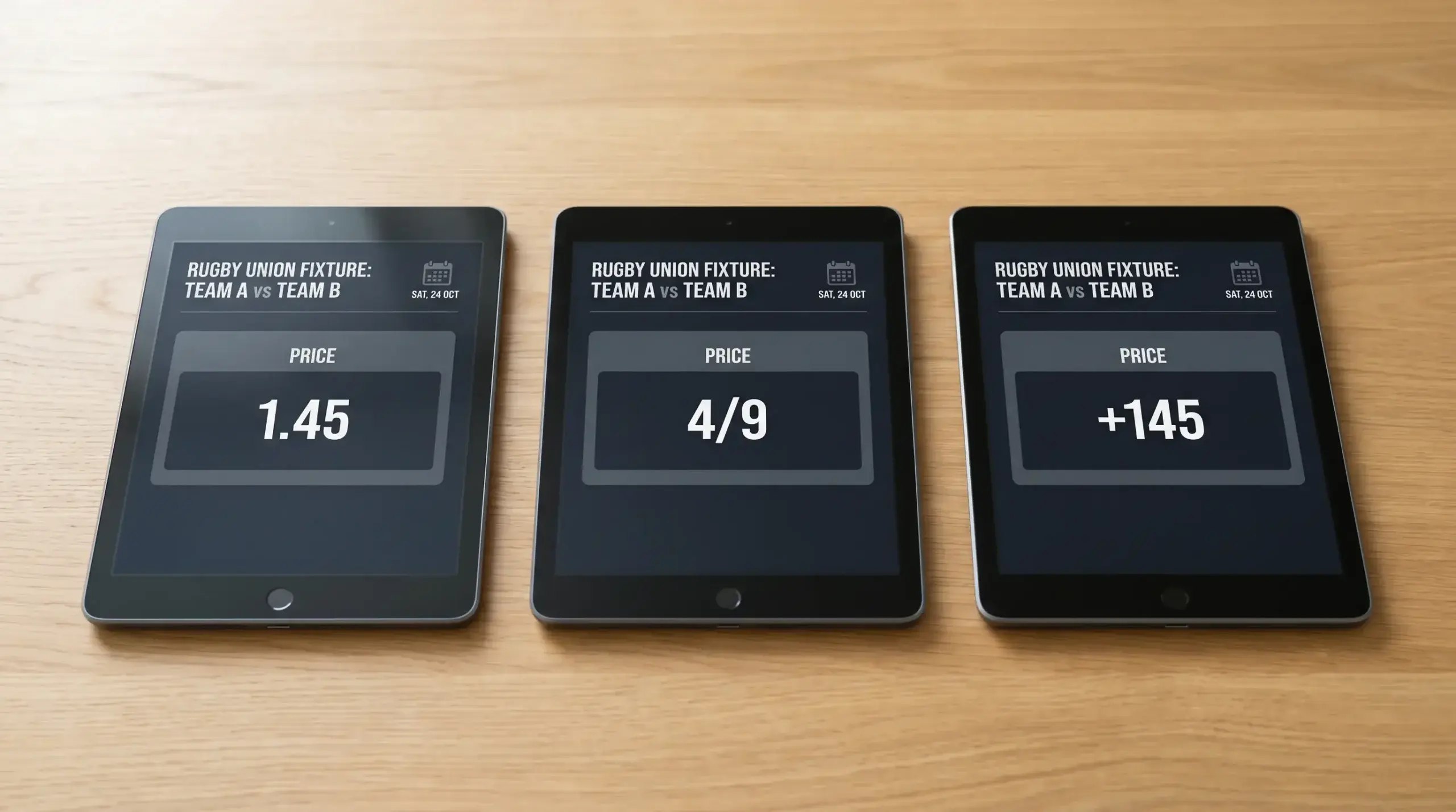 Three sportsbook displays comparing the same rugby price in decimal, fractional and American formats