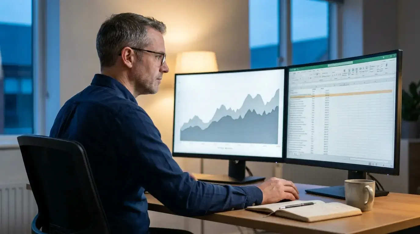 Integrity analyst at a workstation reviewing flagged rugby fixtures on a multi-screen dashboard