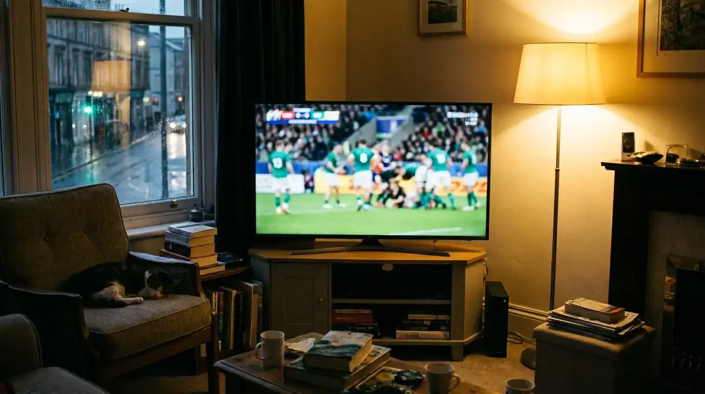 Live rugby match shown on a TV with broadcast graphics blurred