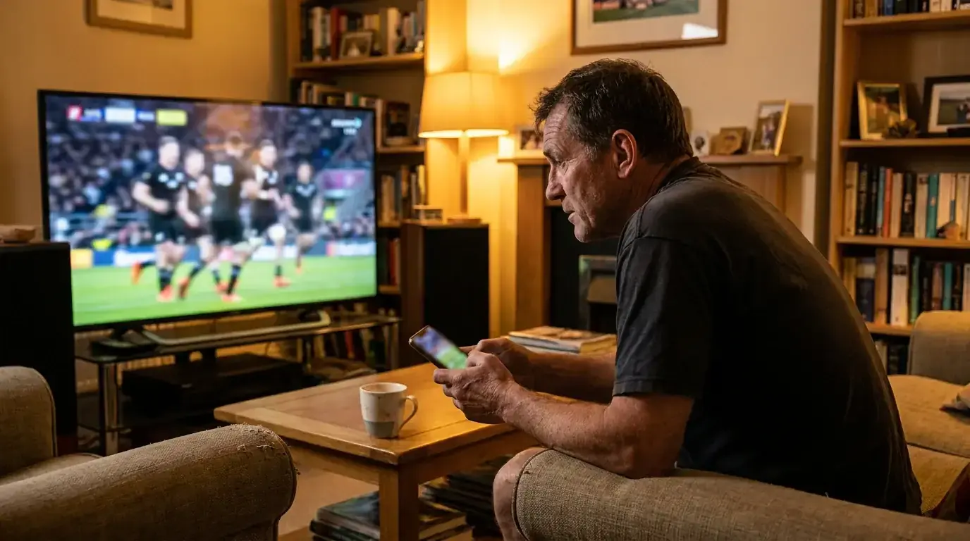 Rugby fan watching a live match while checking in-play odds on a mobile