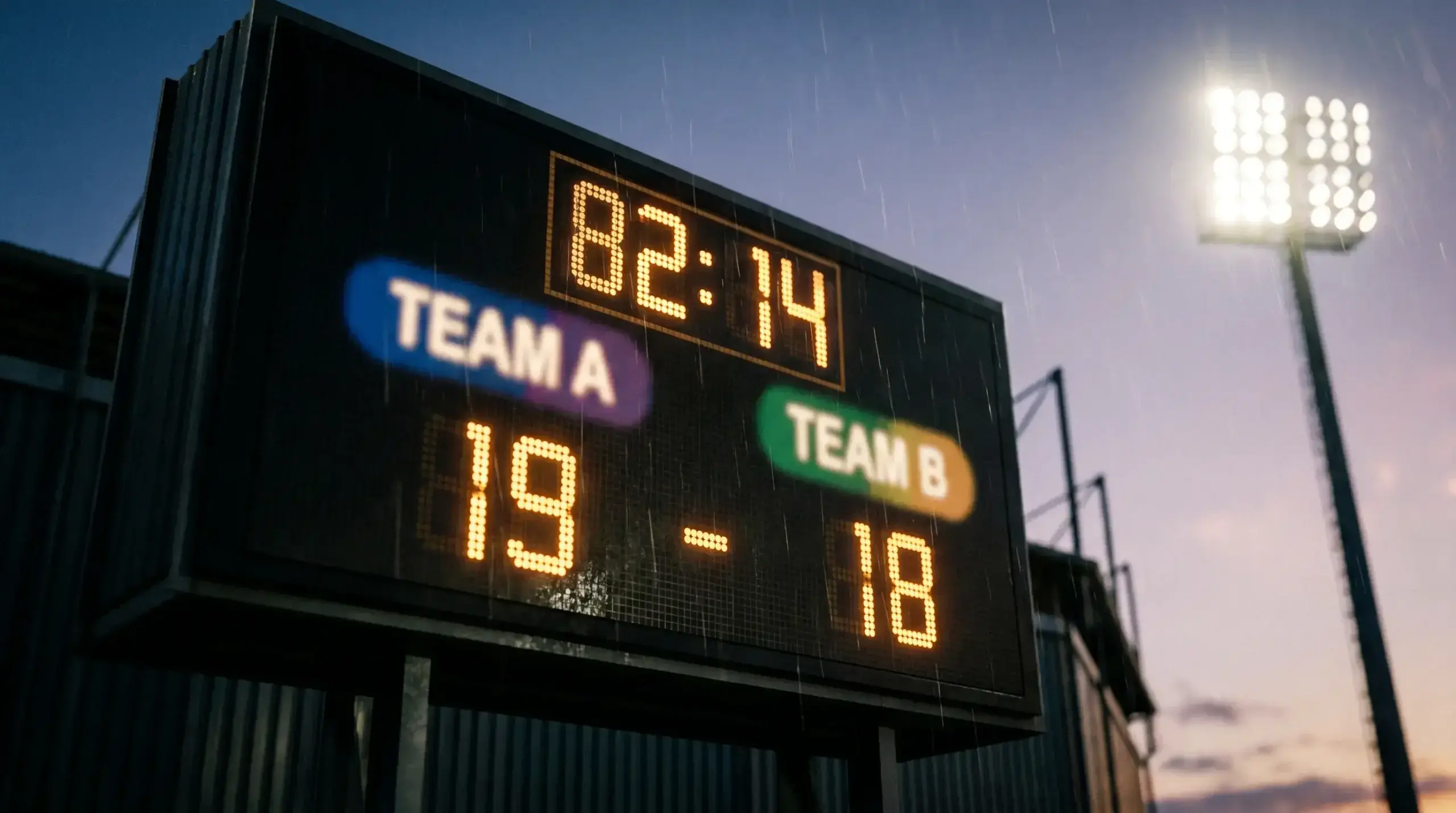 Rugby stadium scoreboard showing late-match time with tight score