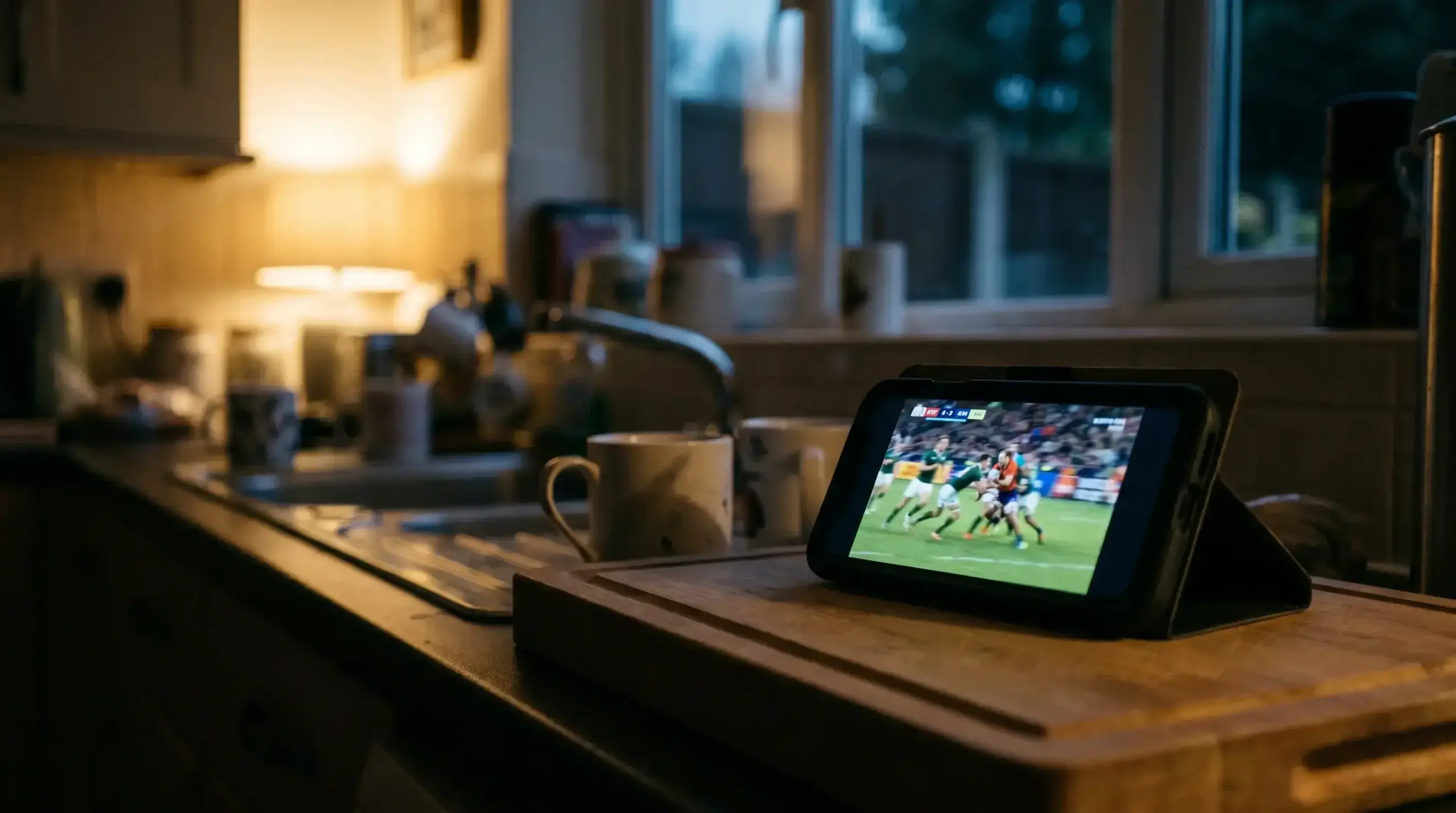 Smartphone showing a live rugby stream on a kitchen counter