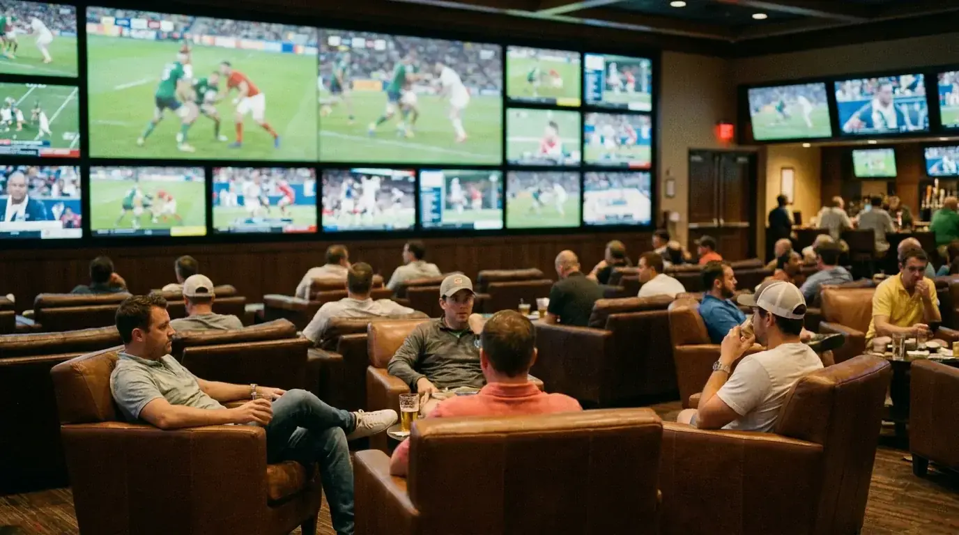 American sportsbook lounge with TVs showing live rugby content