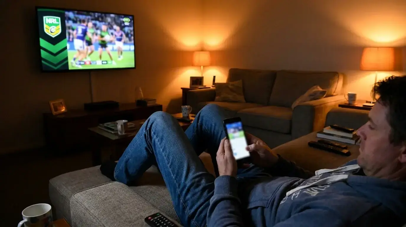Bettor reviewing a mobile bet slip on a couch during an NRL broadcast