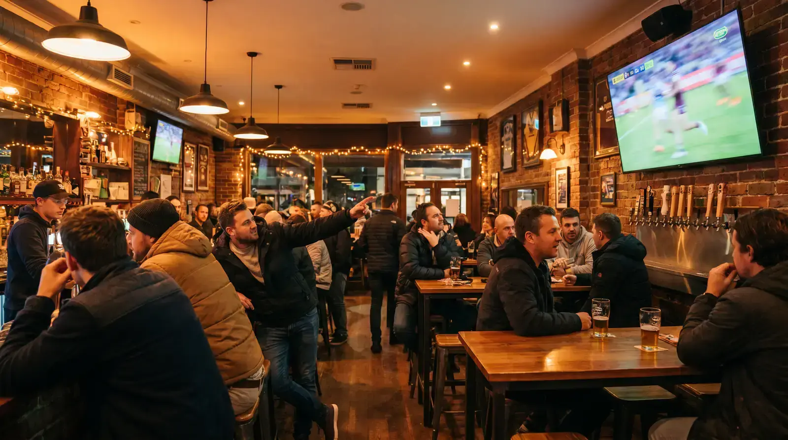 Rugby league match on TV in a sports bar with patrons watching