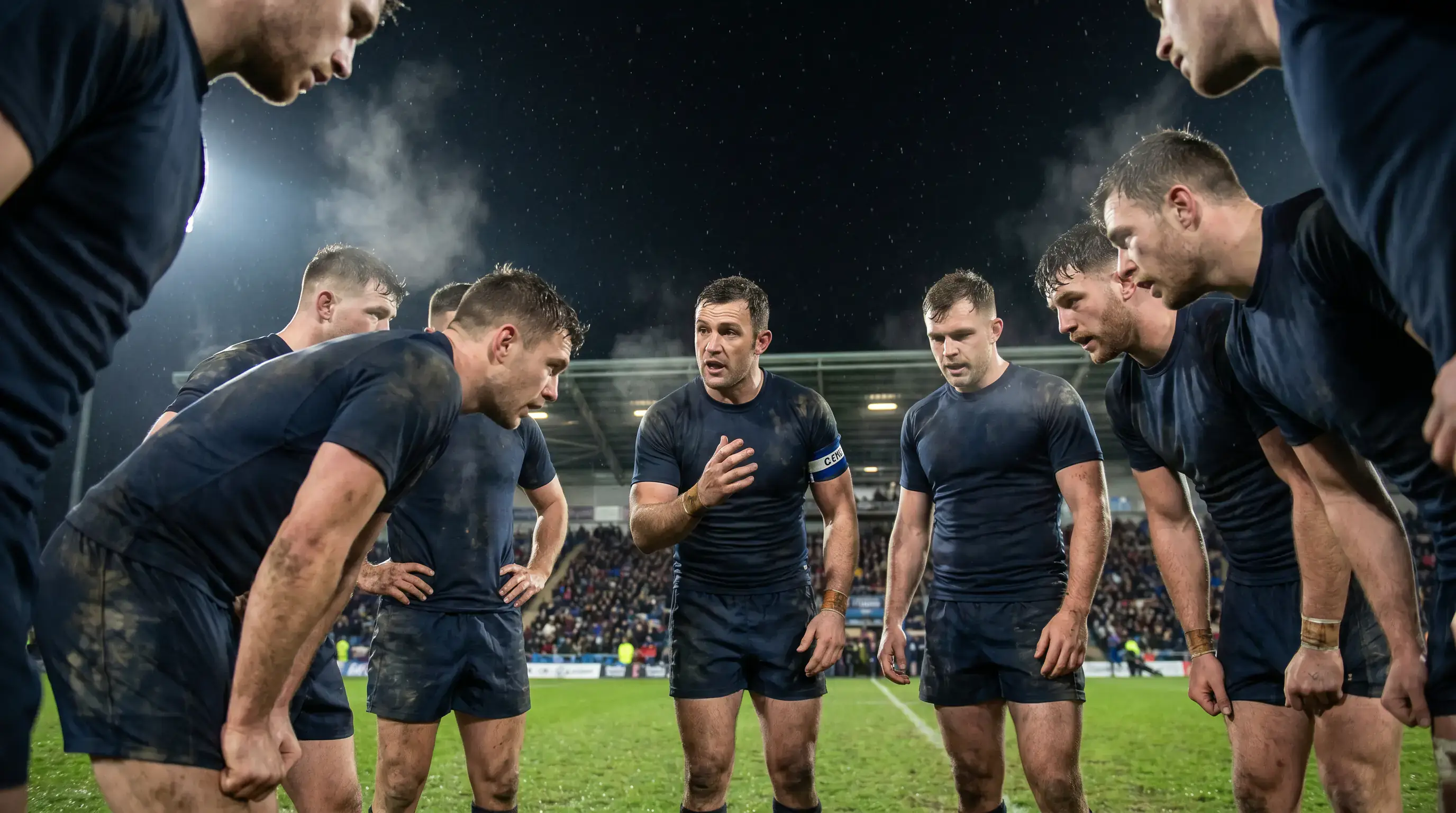 NRL team huddle on the pitch after a finals match