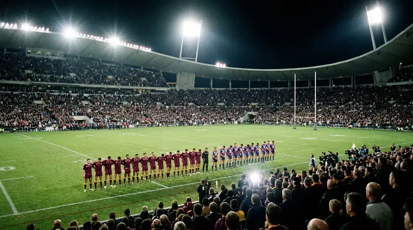 NRL Grand Final night at Accor Stadium with packed stands and rugby league players lined up for kick-off