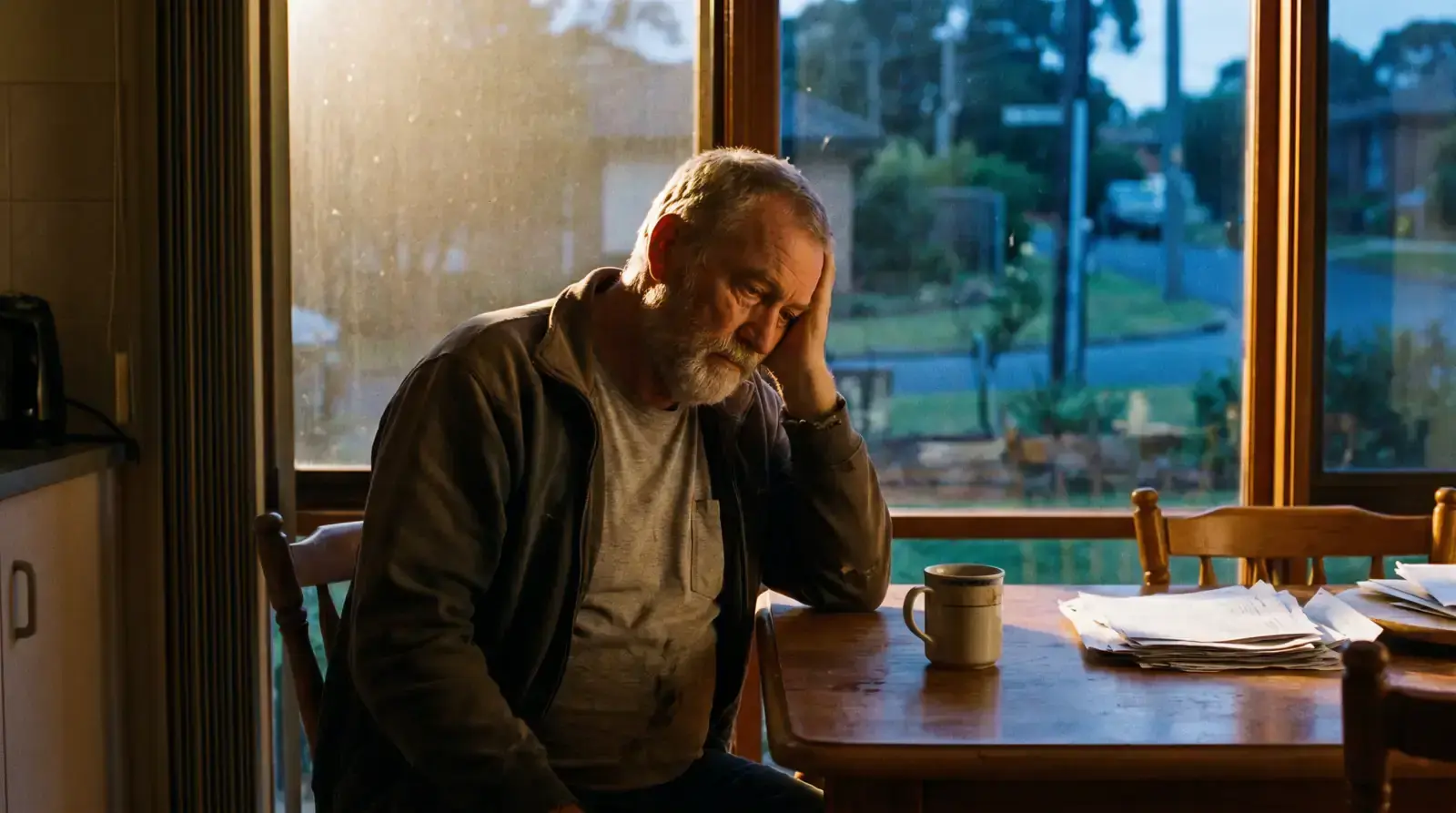 Adult sitting alone at a kitchen table reflecting on a betting session