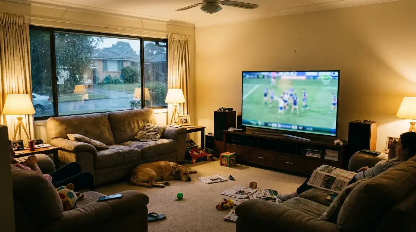 Australian living room with a rugby league match on the TV