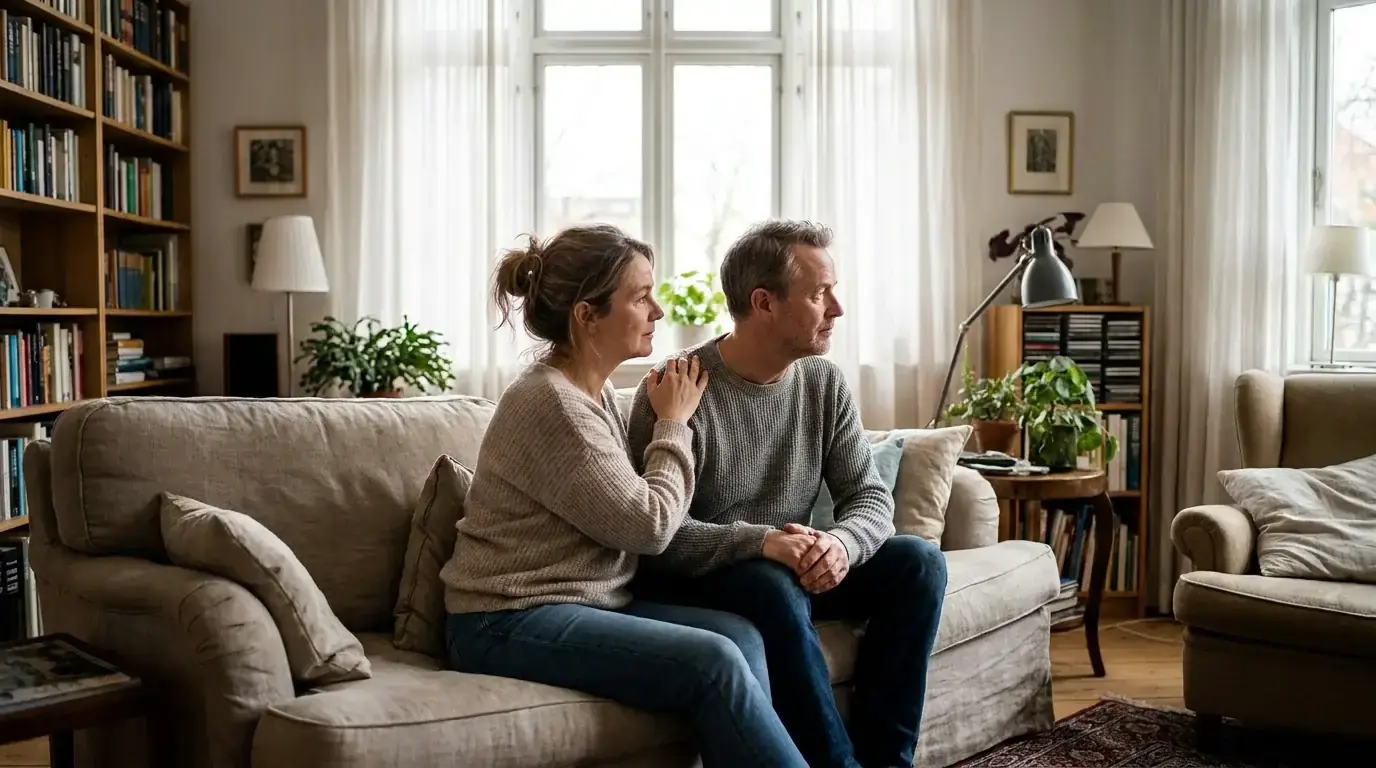 Two adults in a supportive moment on a sofa