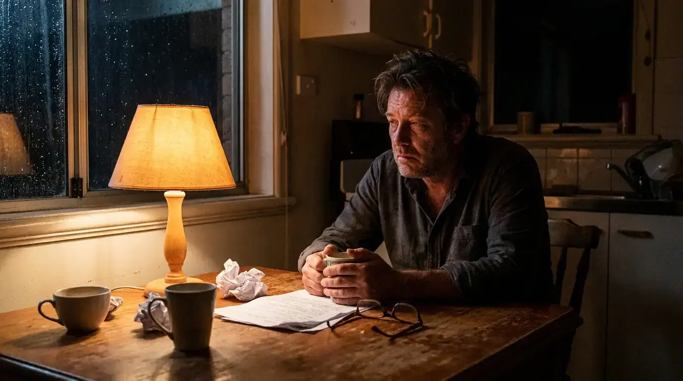 Adult awake late at night at a kitchen table looking tired