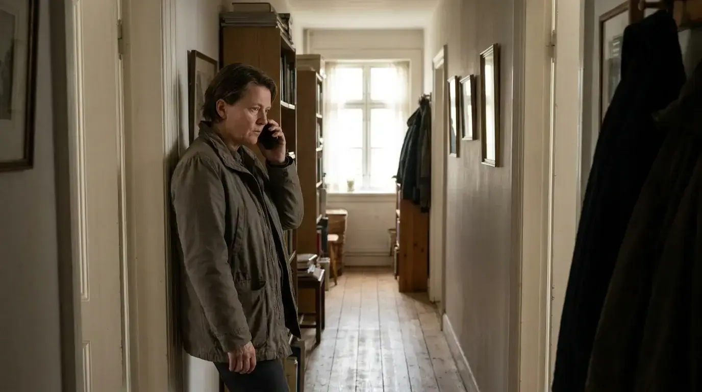 Adult speaking on a phone in a quiet hallway for support
