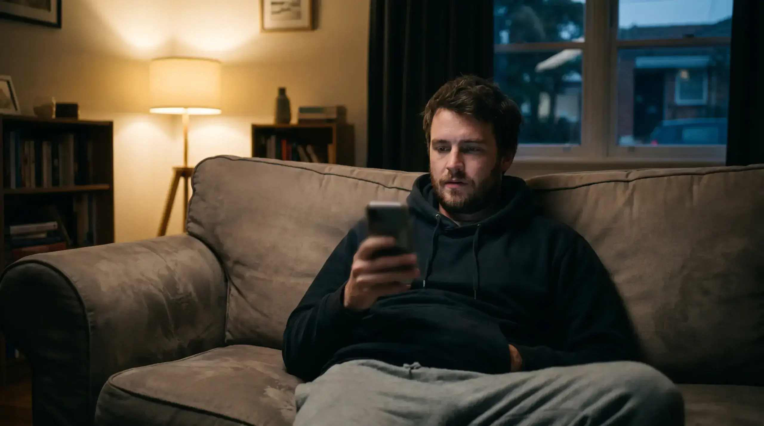 Young Australian adult man alone on a couch holding a smartphone