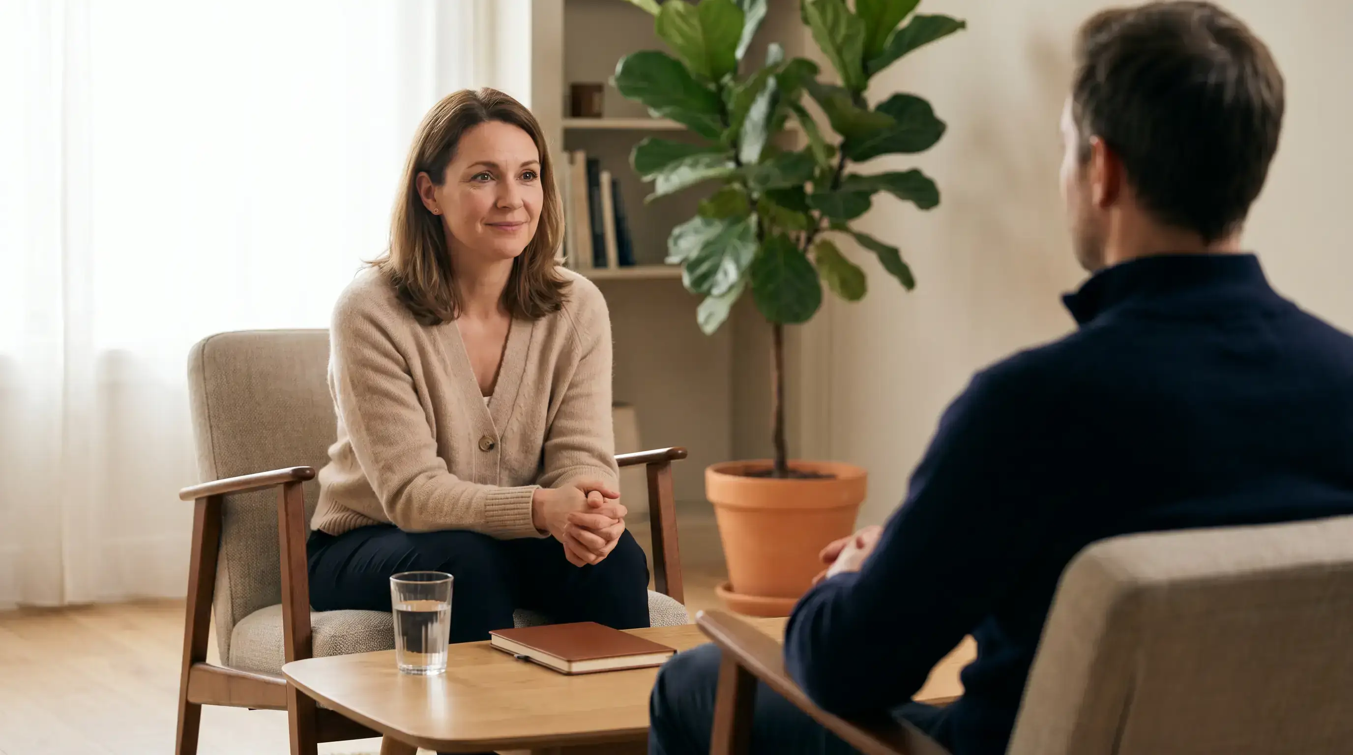 Person speaking with a counsellor in a calm office setting