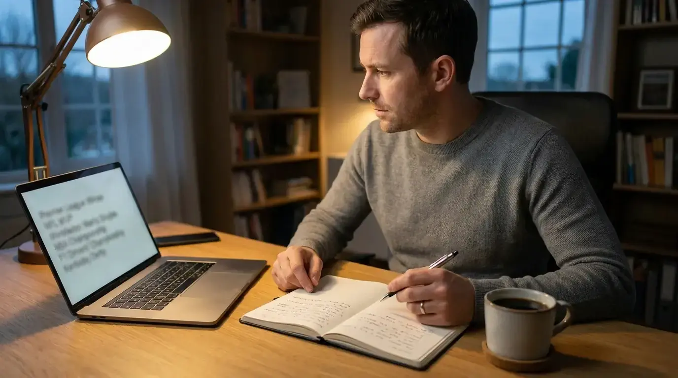 Rugby wagering analyst reviewing a sportsbook market menu on a laptop with notes alongside