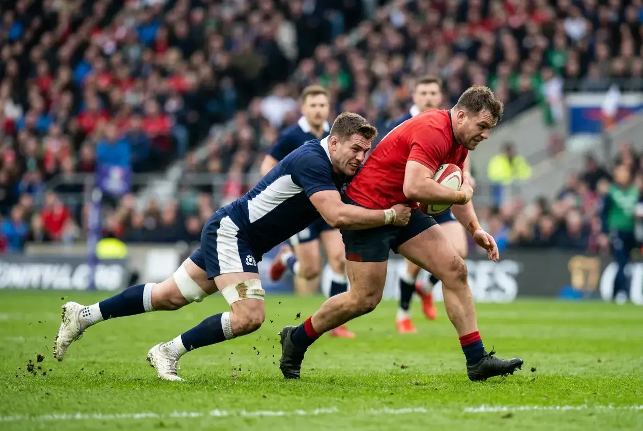 Back-row forward making a dominant tackle in midfield during a club rugby fixture