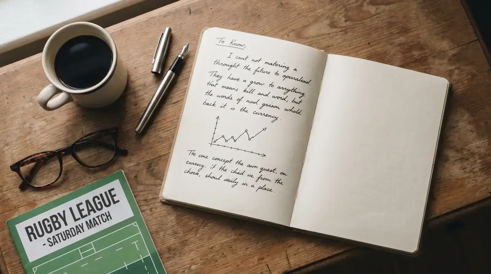 Open notebook with handwritten staking notes next to a coffee cup on a wooden desk