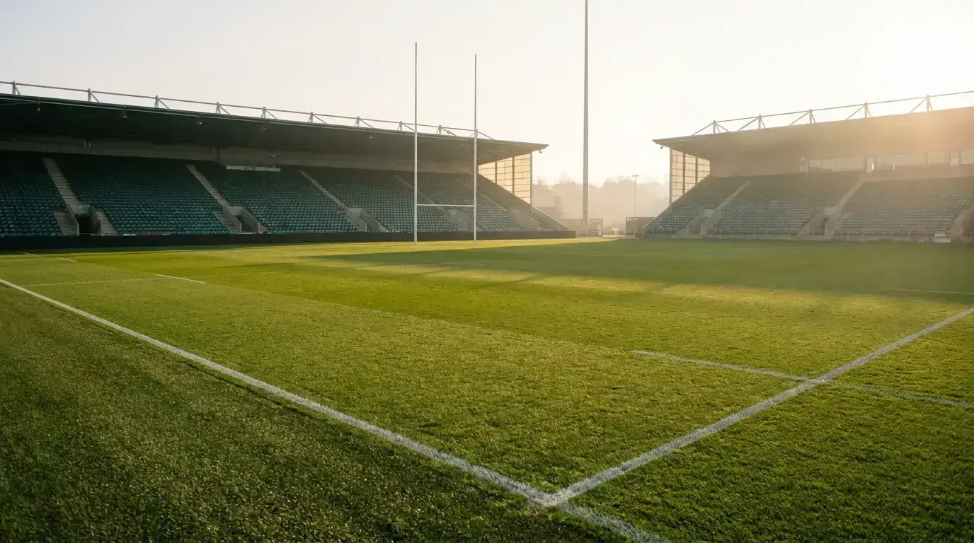 Rugby stadium at golden hour with the try line in focus