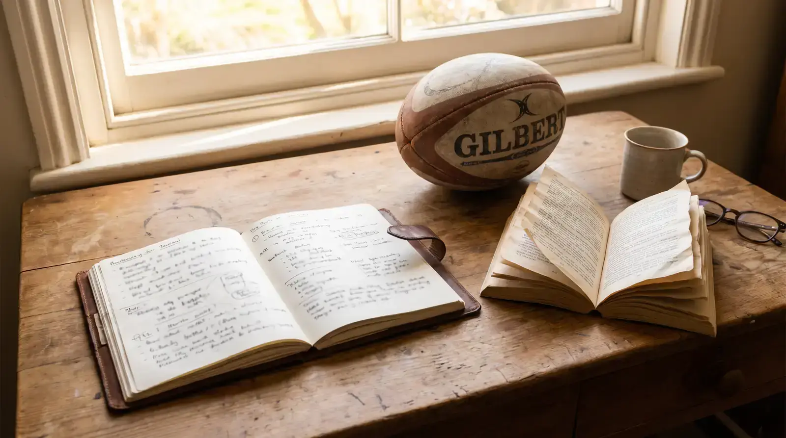 Open notebook with rugby betting terminology beside a rugby ball on a desk