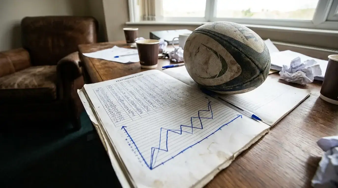 Analyst reviewing a printed performance log of past rugby bets