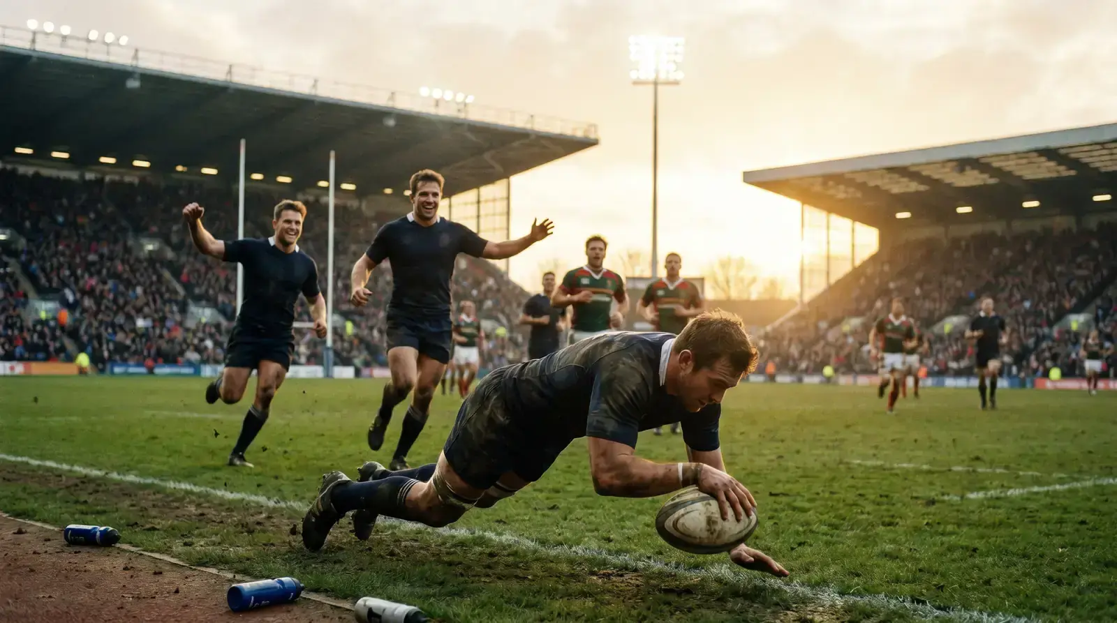 Rugby player scoring a fourth try with teammates running to celebrate