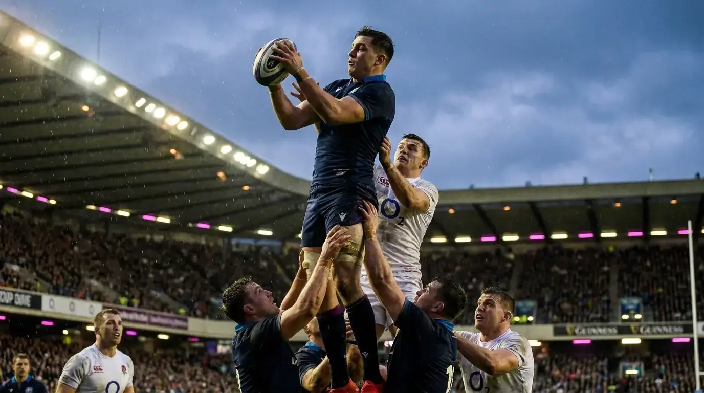 Rugby line-out at the four-try moment of a match