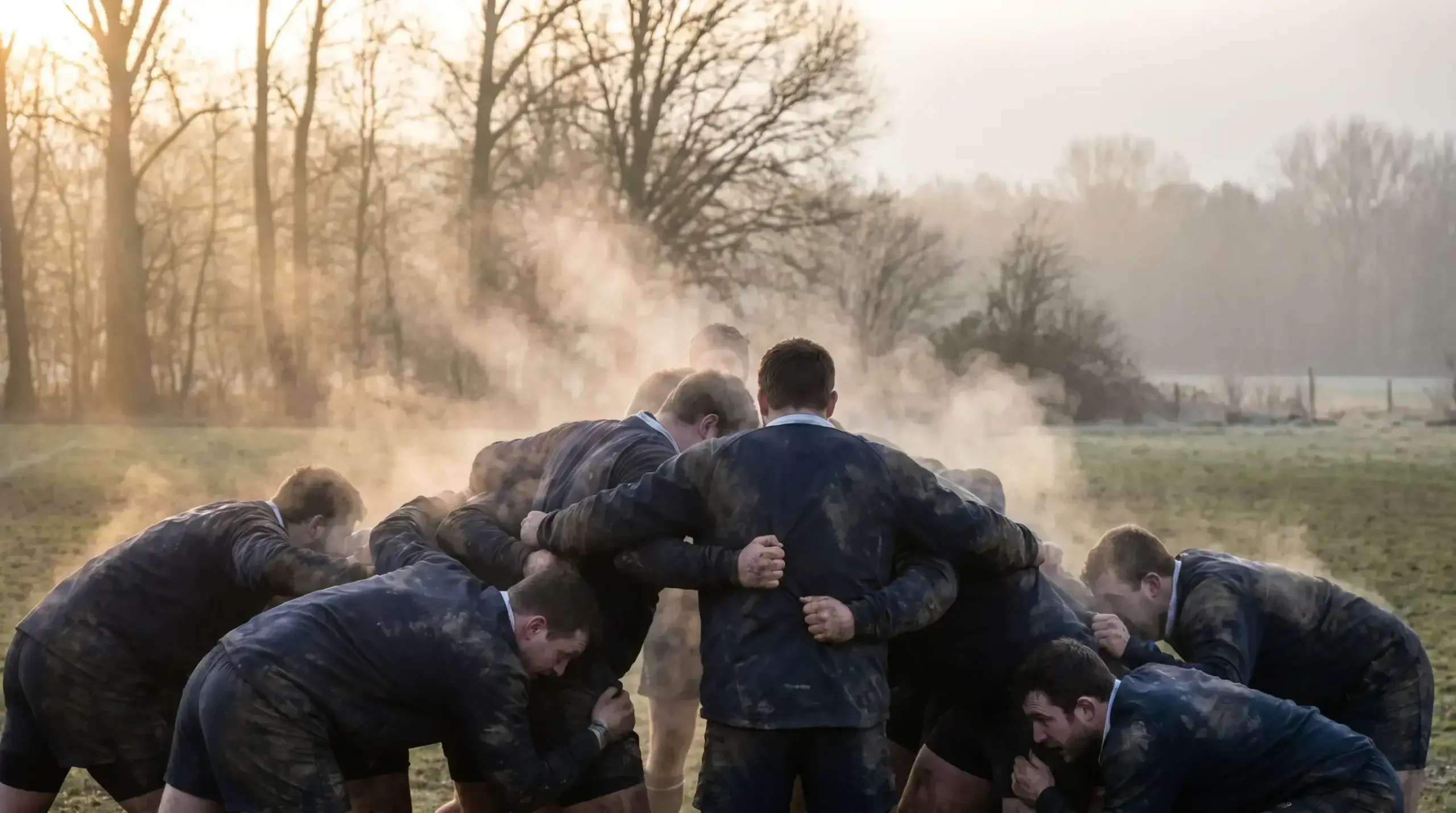 Cold-weather rugby scrum with steam rising from the players