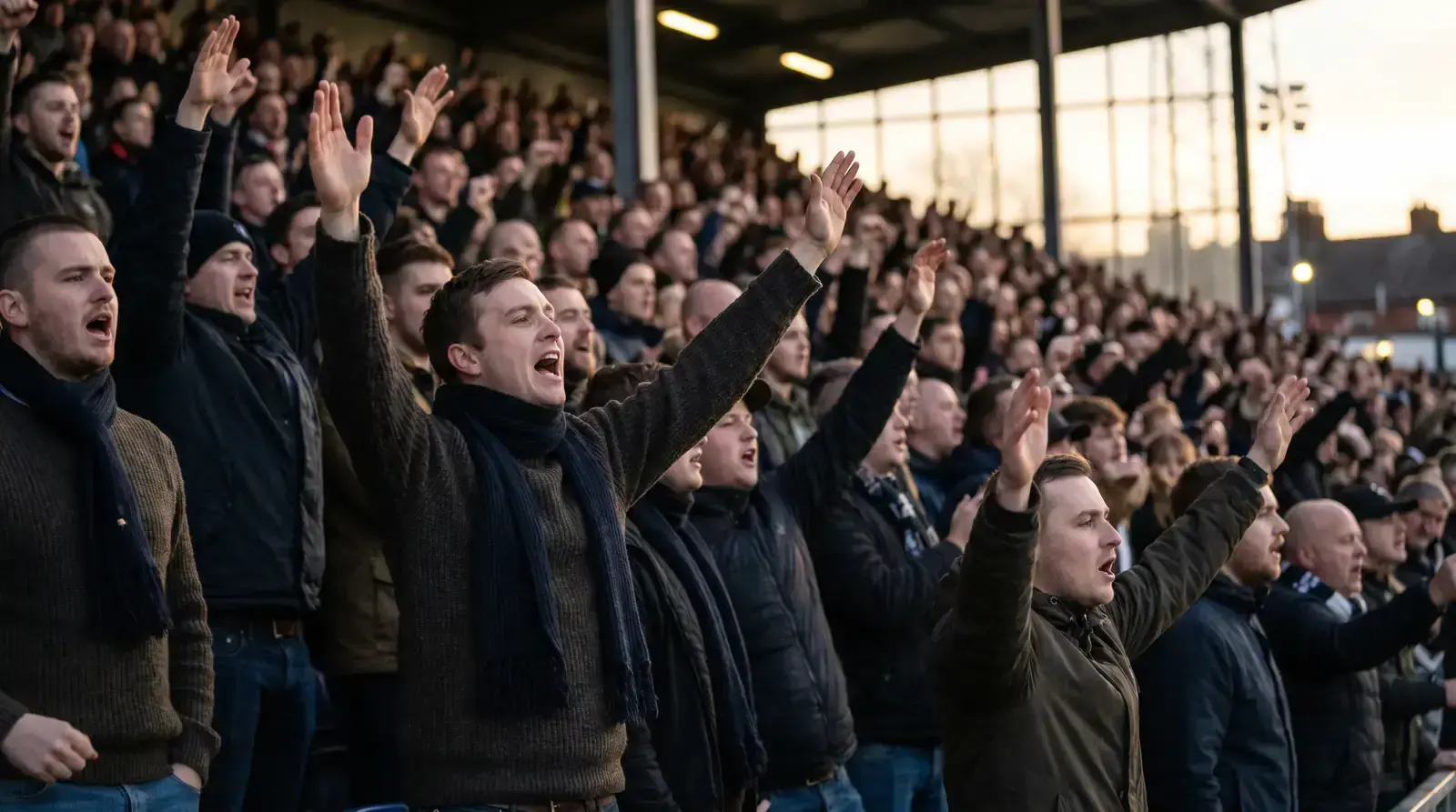 Loud home rugby supporters generating noise in a stand