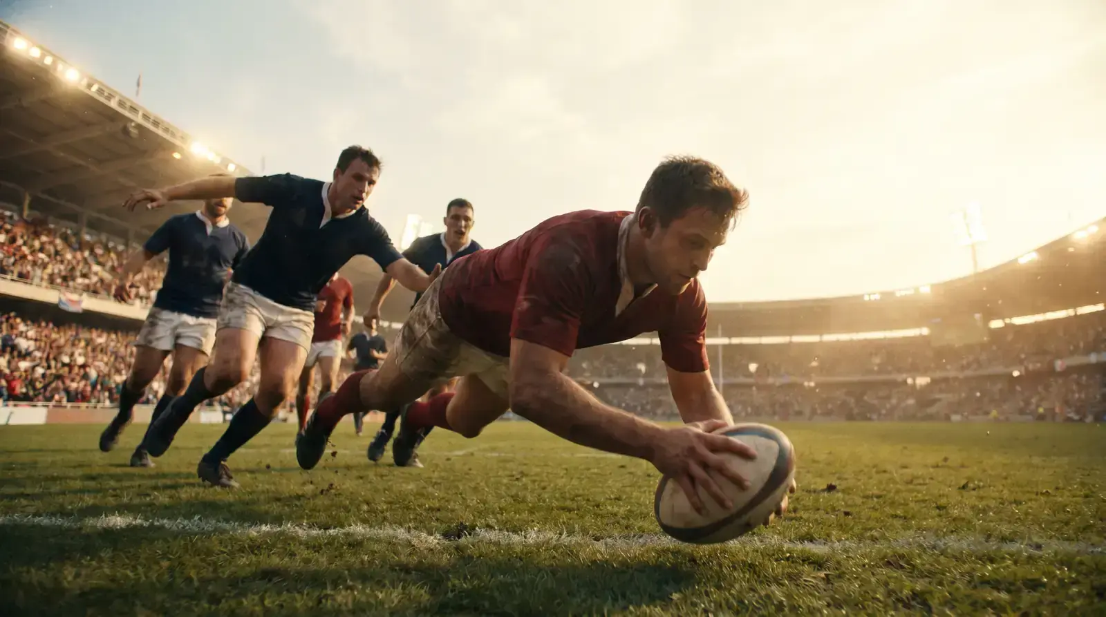 Rugby winger diving over the try line to open the scoring