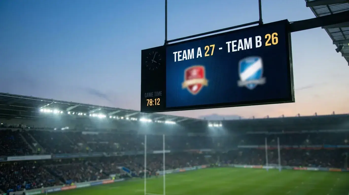 Rugby scoreboard close-up showing a tight margin late in the match