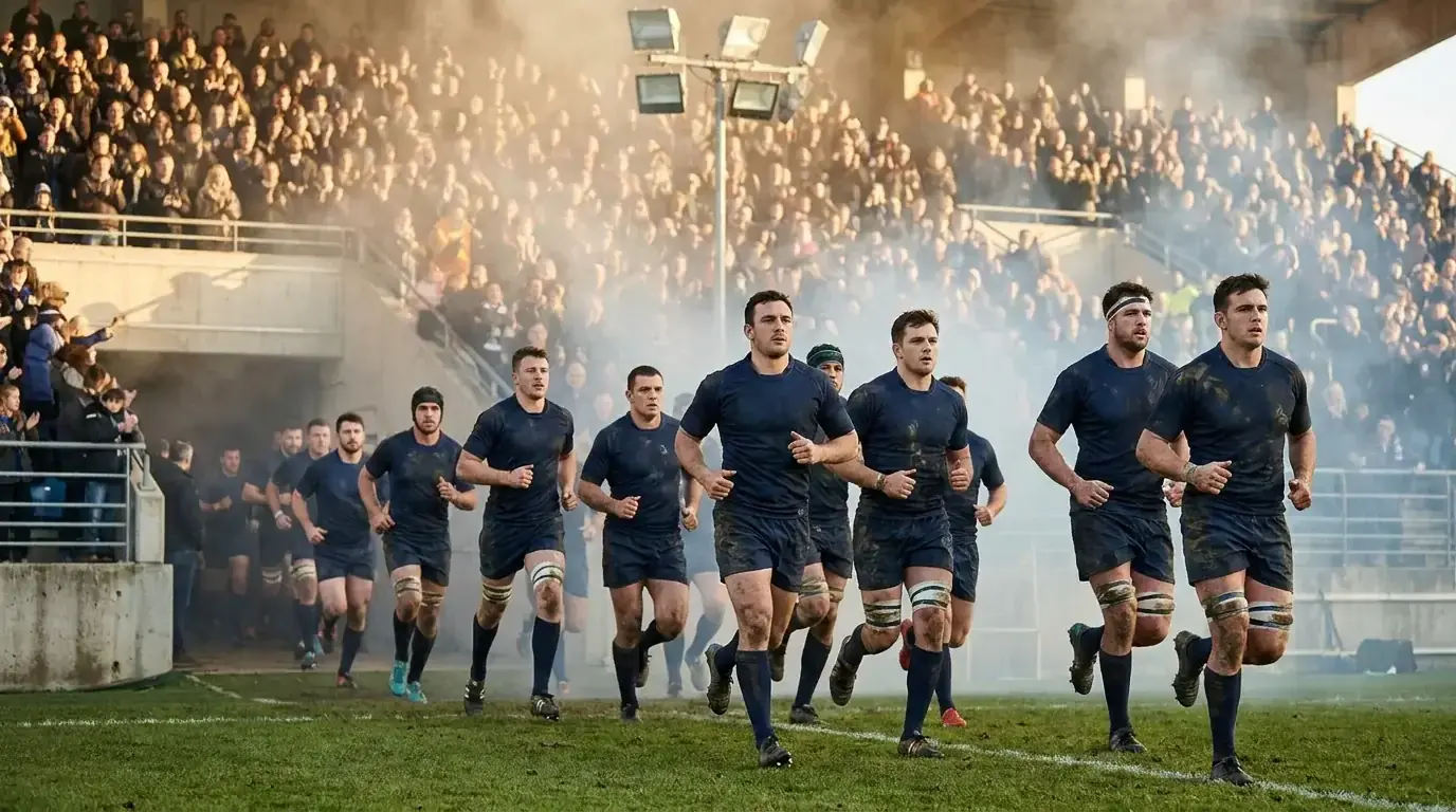 Rugby team running out at a home stadium to a packed crowd