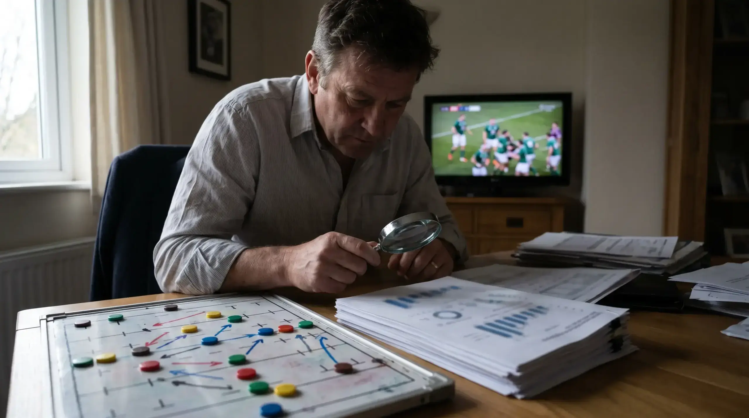 Analyst studying rugby fixture results on a printed report