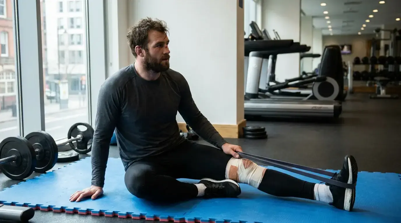 Rugby player in compression gear stretching after long flight