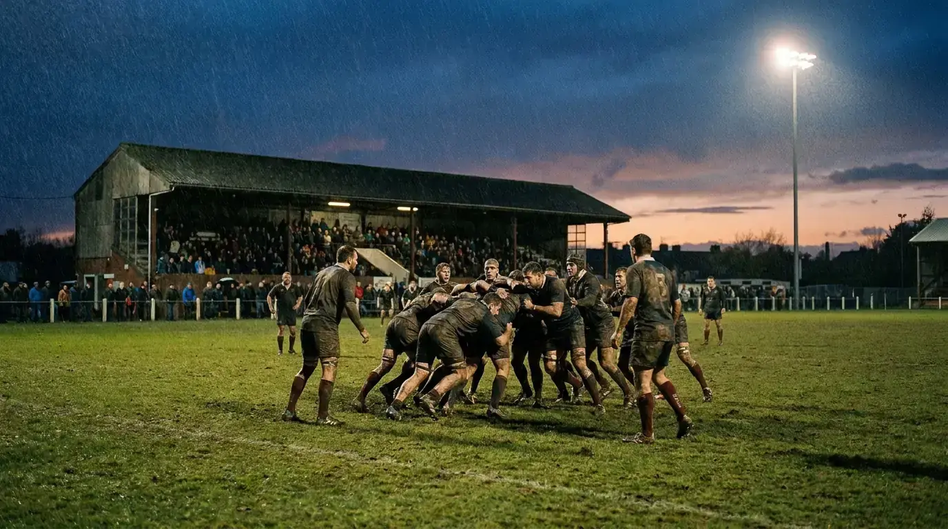Late-season rugby fixture in twilight with floodlights coming on