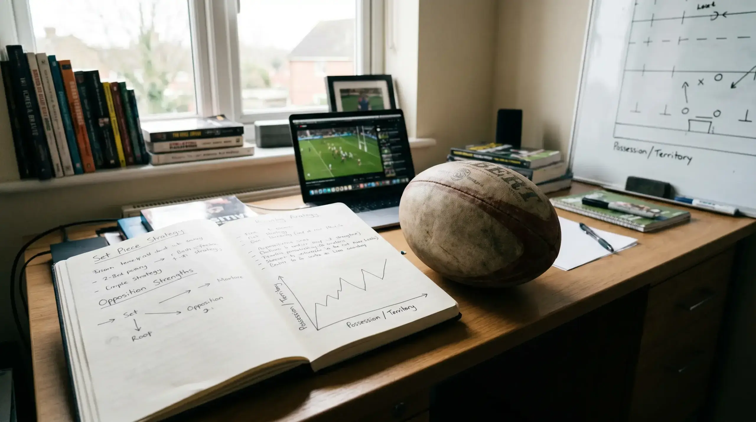 Analyst working through margin projections in a notebook beside a rugby match preview