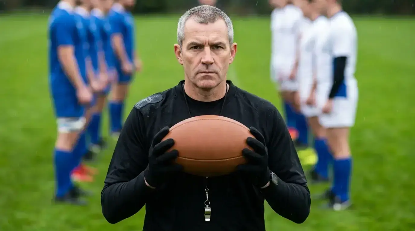 Referee inspecting the ball before a rugby match kick-off