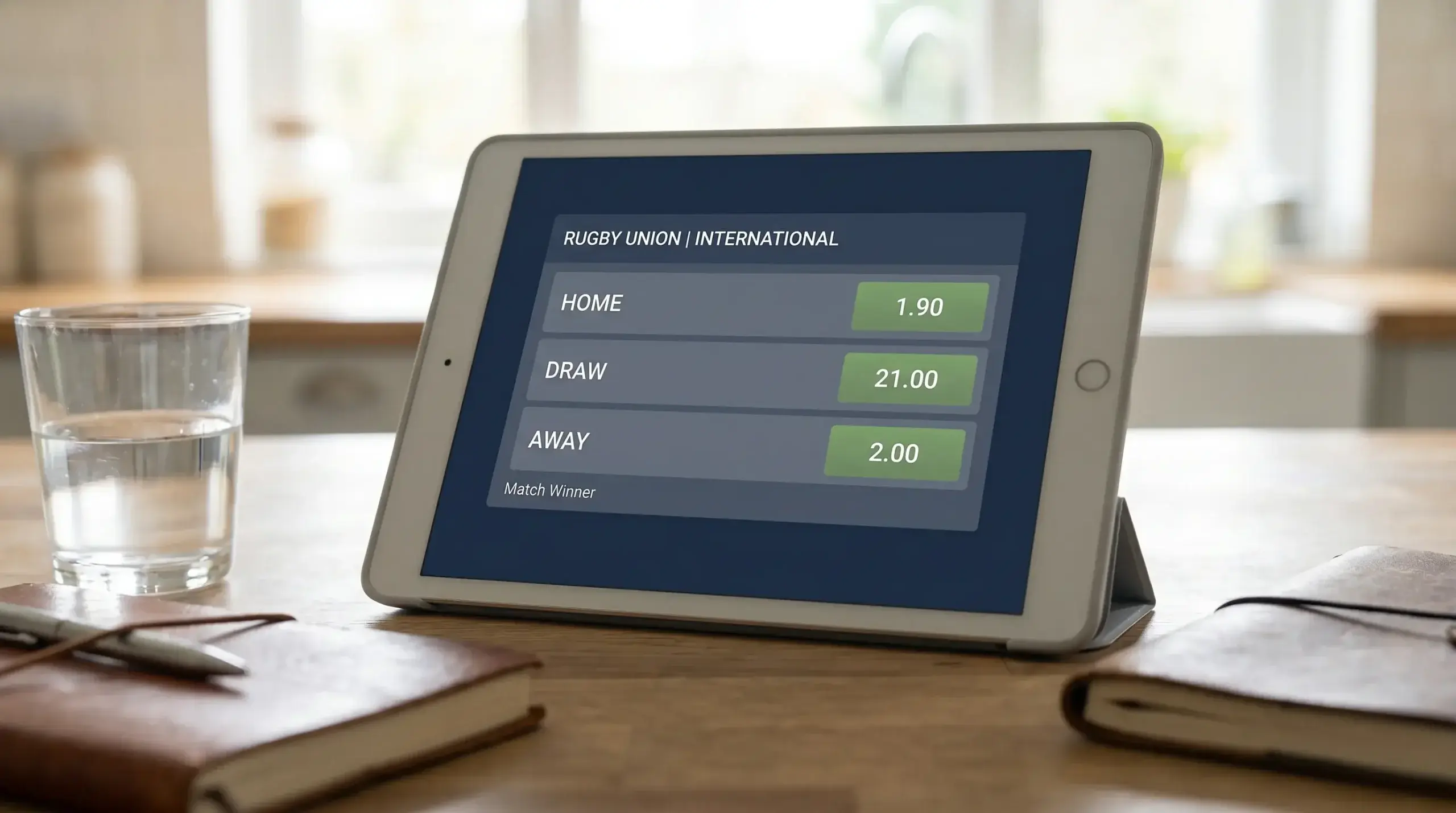 Rugby match three-way result board with home, draw and away prices for an international fixture