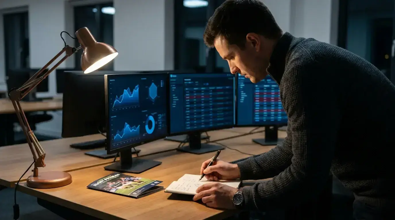 Analyst at a desk reviewing rugby odds across multiple monitors with notes