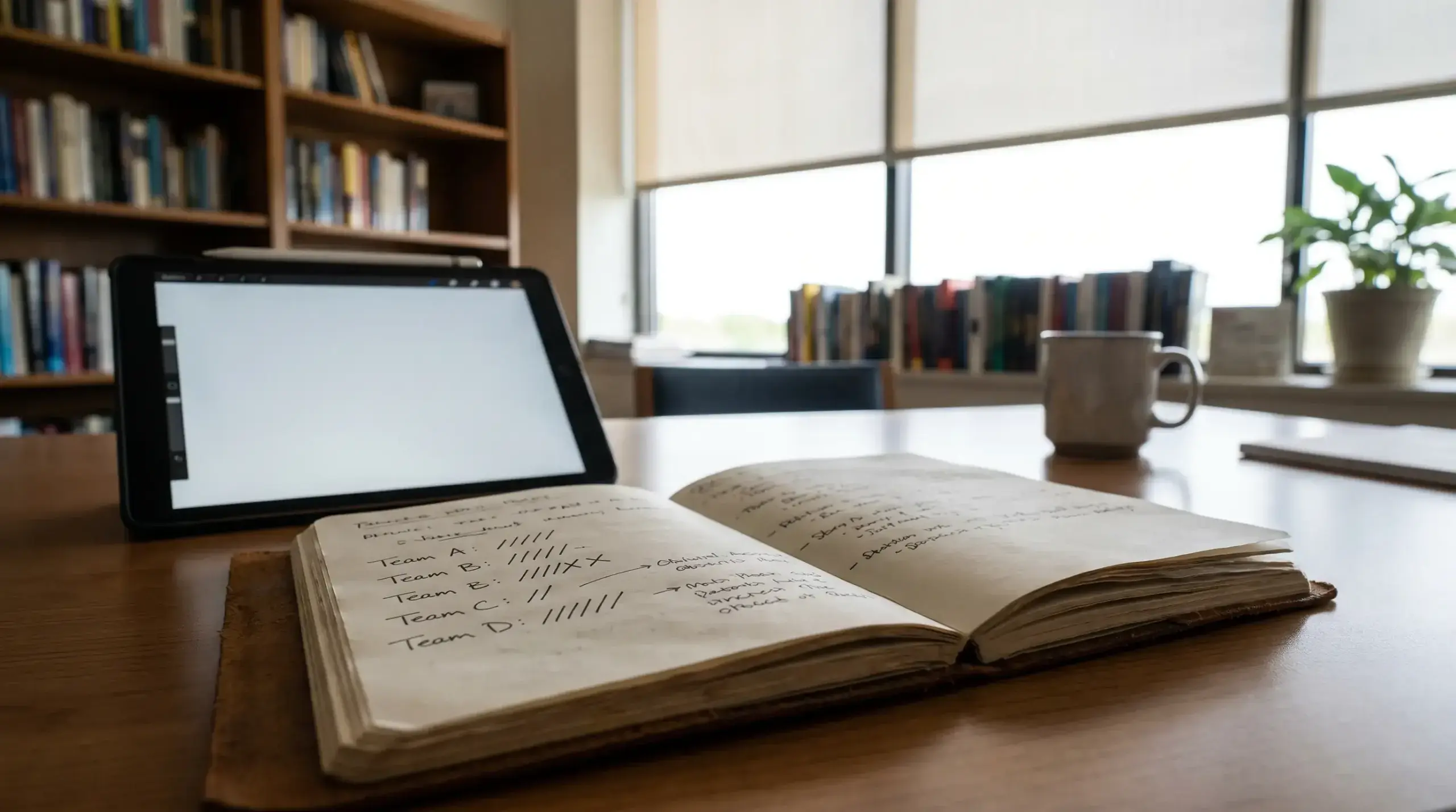 Pen-and-paper power rating worksheet for rugby teams beside a tablet