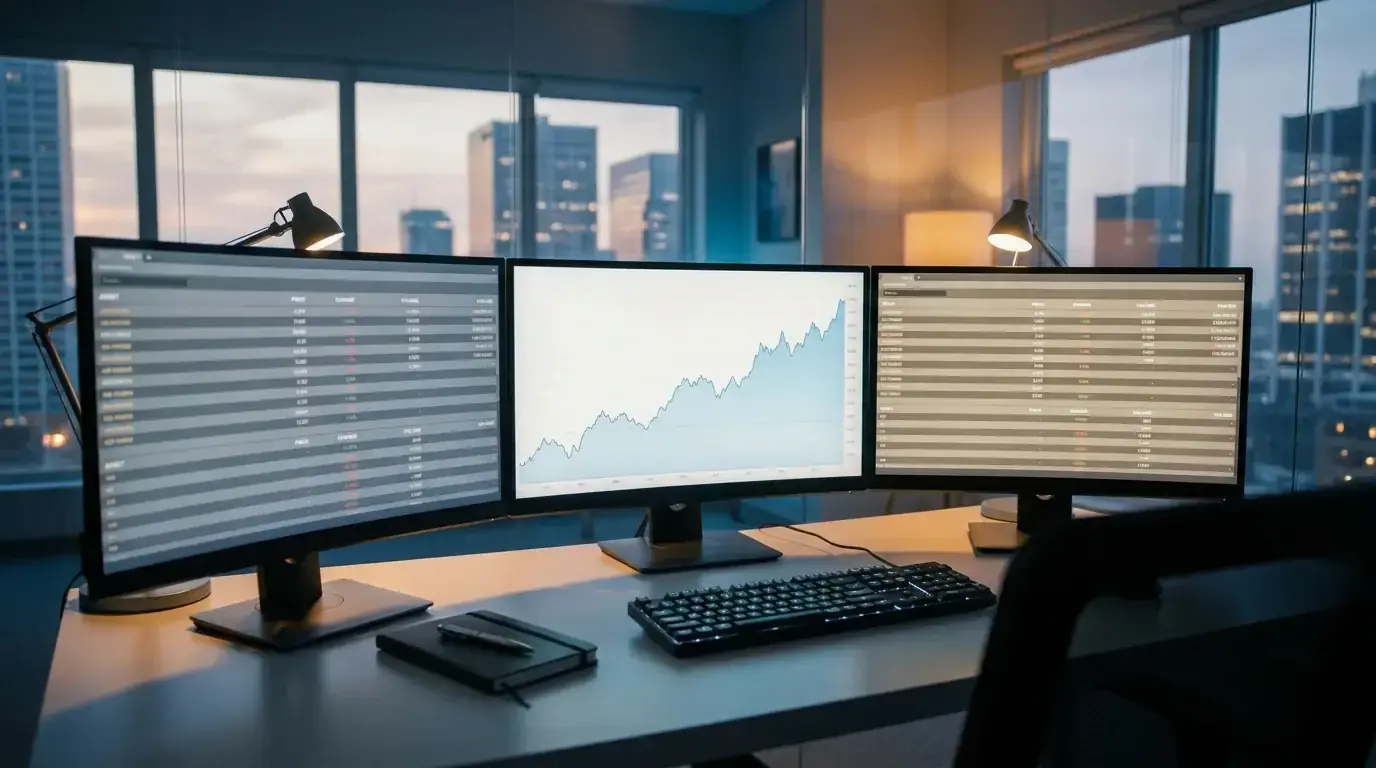 Rugby trading desk with multiple monitors showing live pricing models and team news for a weekend fixture