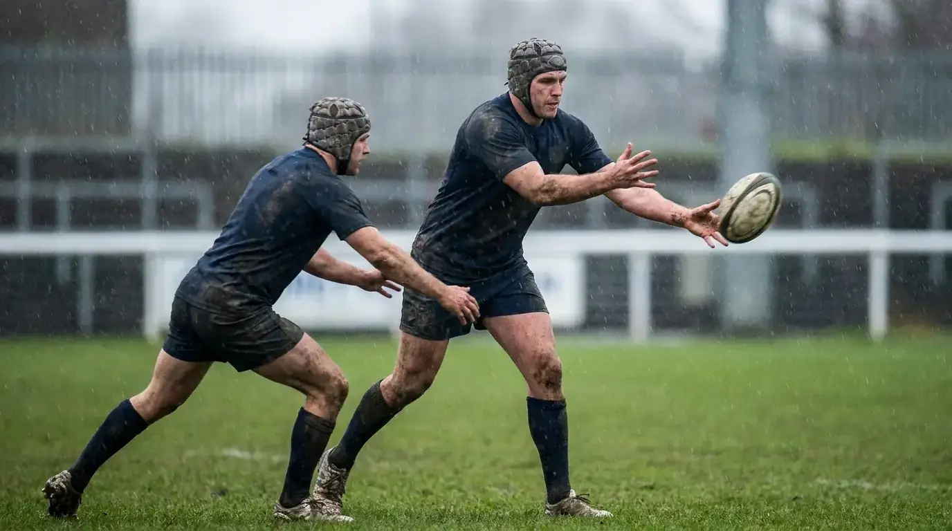 Rugby player attempting a catch in driving rain with ball slipping