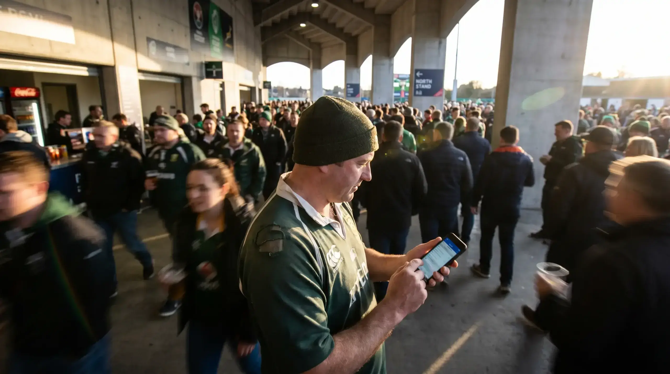Bettor at a rugby stadium concourse checking late odds movement on a phone