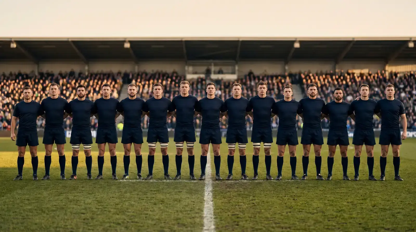Rugby international squad lined up on the pitch before kick-off as part of a Keep Rugby Clean tournament