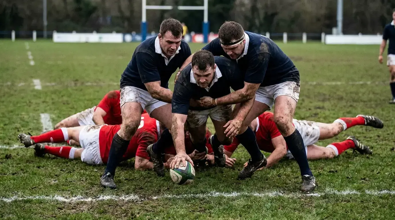 Rugby attackers crashing over the try line for the fourth try that triggers the bonus point