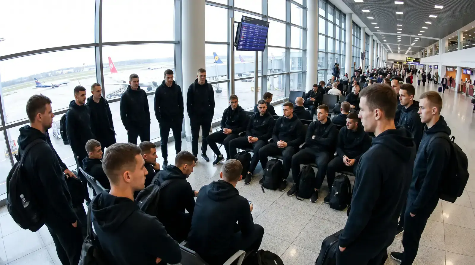 Rugby team at an international airport gate before boarding