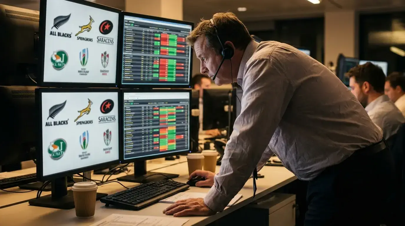 Sports trader at a desk pricing a rugby handicap line on multiple monitors